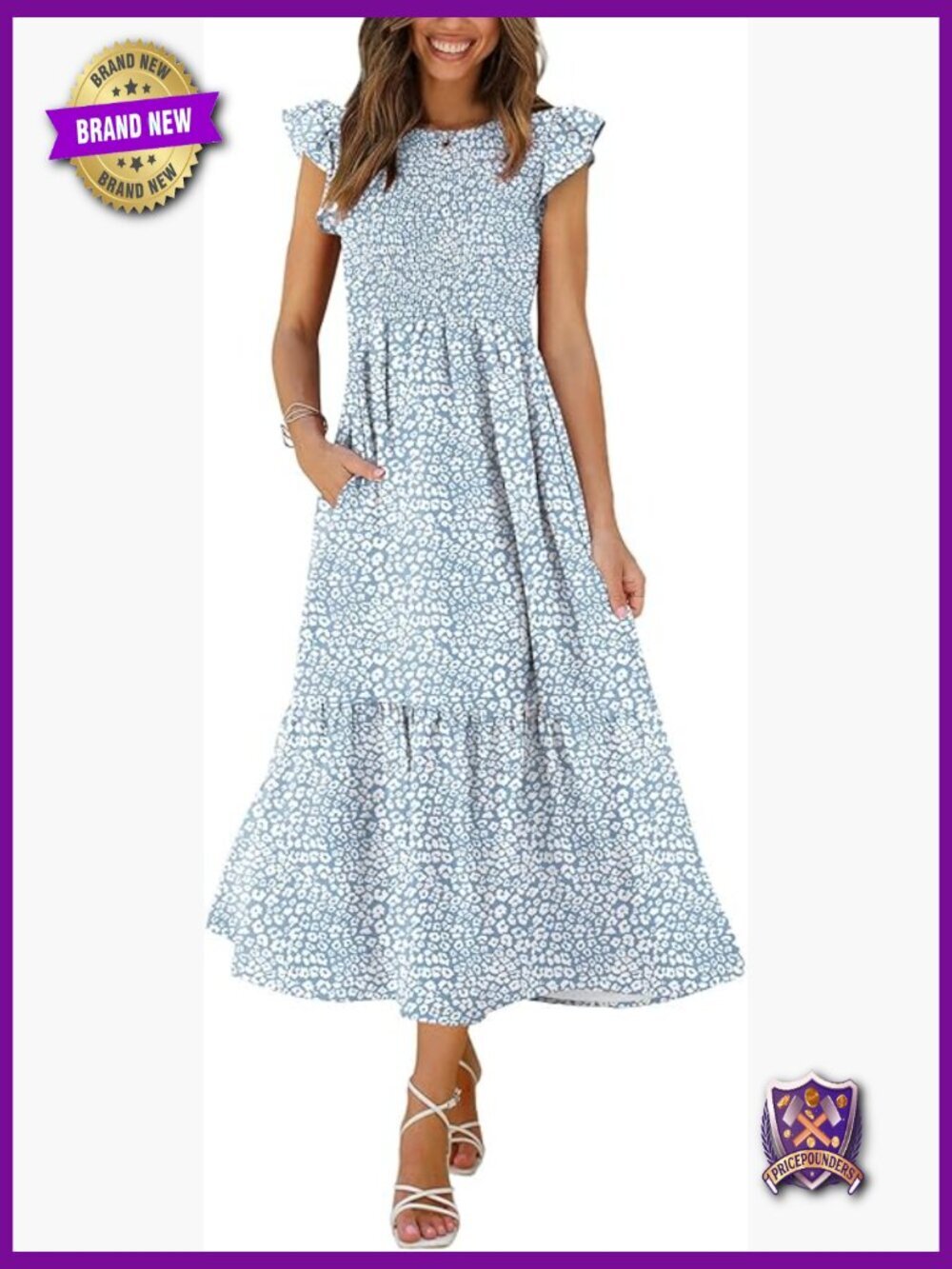 Casual Maxi Dress with Pockets Ruffle Sleeve Smocked A-Line